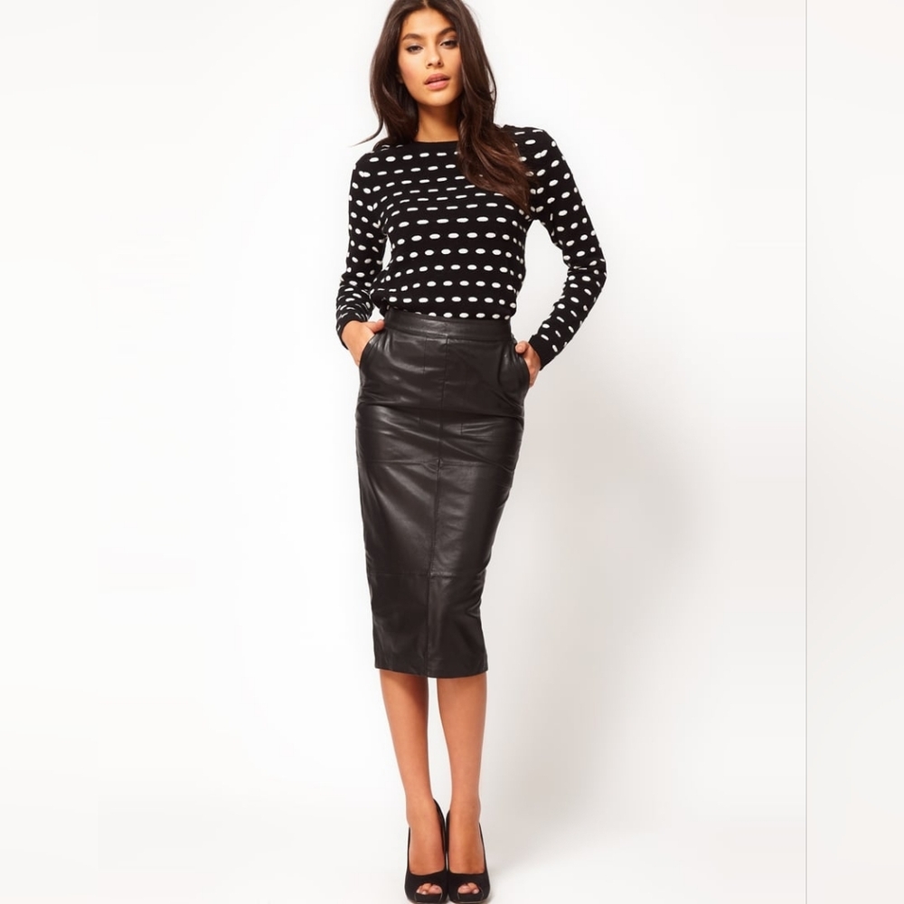 ASOS Genuine Leather Pencil Skirt, Black, 4, Pockets